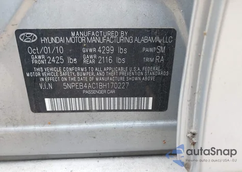 2011 Hyundai Sonata Gls from USA, damaged, VIN 5NPEB4AC1BH170227